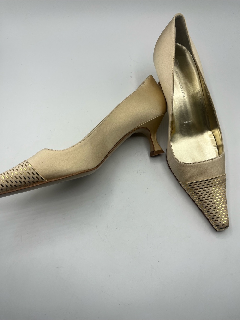 St. John Beige Pointed Toe Pumps with Gold Perforated Toe